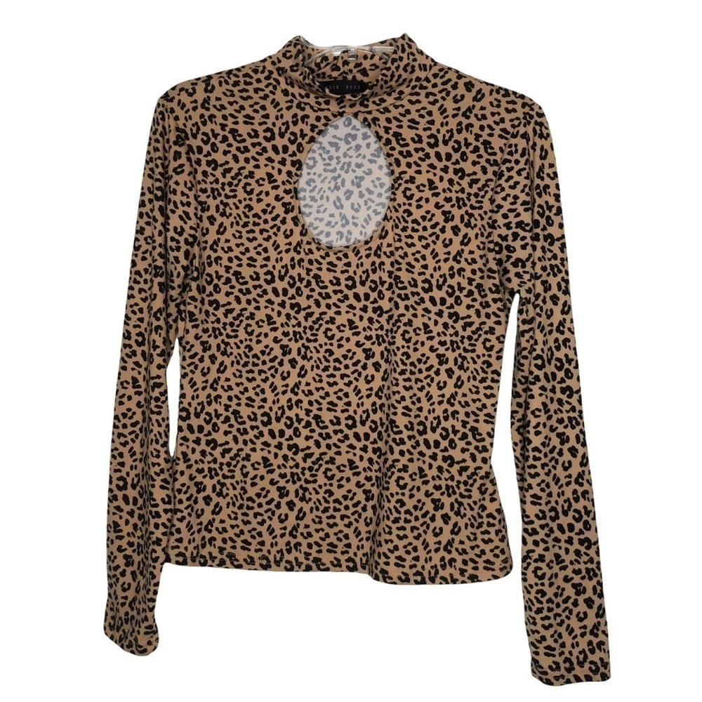 FADED ROSE Tan & Black Leopard Print High Neck Keyhole Long Sleeve Top - Size M